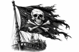 Tattered Jolly Roger flag whipping in the wind above a pirate ship. tattoo idea