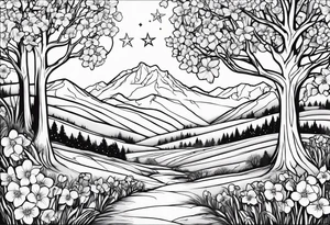 Winter sky, flowers, stars, violets, primroses, daffodil, jonquil, snow, oak tree tattoo idea