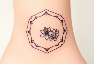 Faint Hexagon with astrological sign for Leo, larkspur and water lilies in the center tattoo idea