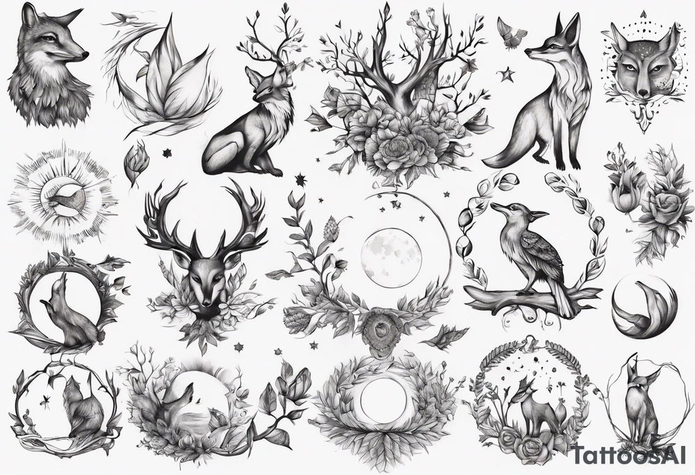 wasser, sonne, mond, fuchs, eule kolibri, wald, hirsch, blume des lebens, 
baum, berlin tattoo idea