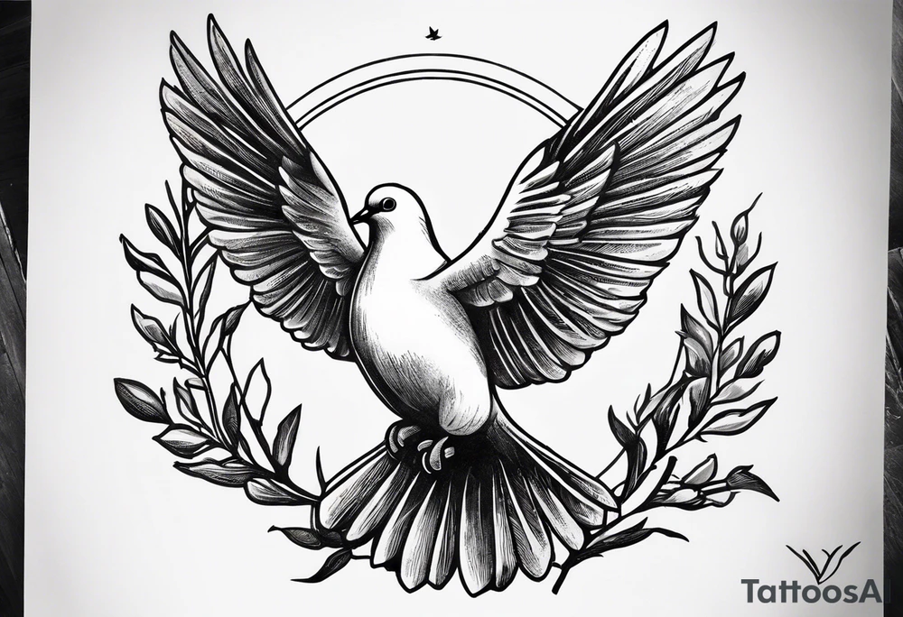 Dove soring through the air clasping an olive branch in its talons. The olive branch is fluttering in the wind with leaves from the branch floating behind the dove. The leaves transform into spear heads the further away from the dove they get. The words 'Si vis Pacem, para bellum' is boldly transcribed underneath the scene tattoo idea