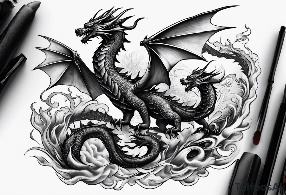 Family of five flying dragons tattoo idea