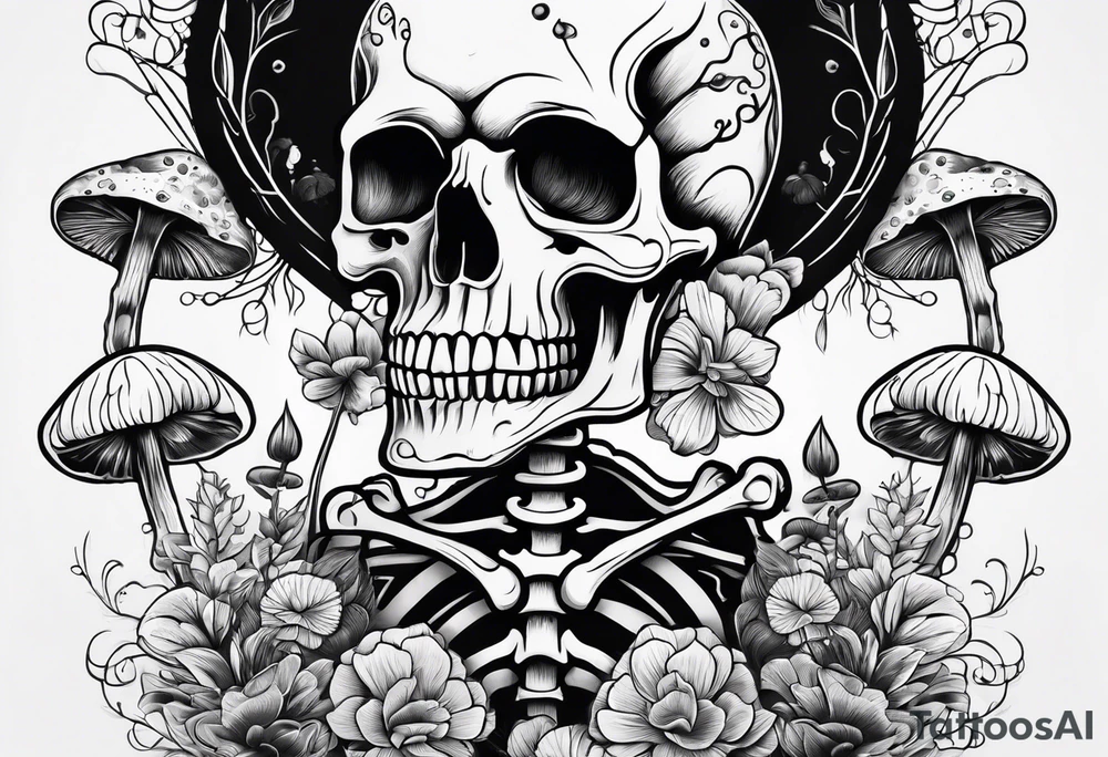 skeleton with mushrooms growing out of it tattoo idea