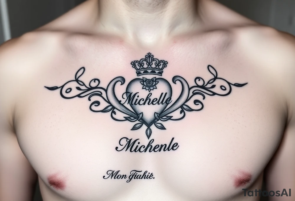 Claddagh placed on a man’s chest. Name Michelle placed between the heart and the crown. Irish rose and Celtic knot incorporated into the design. Flour de lit. Mo ghrá go deo written at the very bottom. tattoo idea
