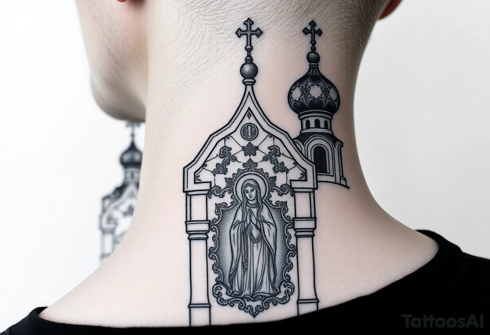medium sized Russian orthodox church with bulb domes with a prominent russian orthodox coat of arms mosaic virgin mary tattoo idea