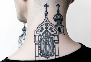 medium sized Russian orthodox church with bulb domes with a prominent russian orthodox coat of arms mosaic virgin mary tattoo idea