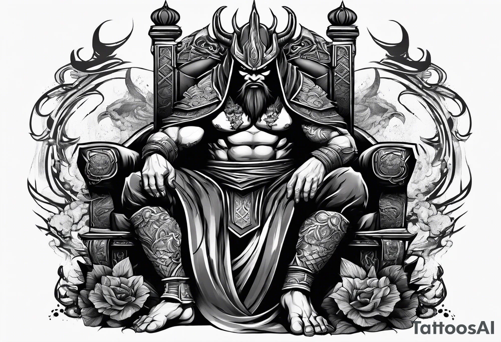 Angry demon ninja sitting on his throne tattoo idea
