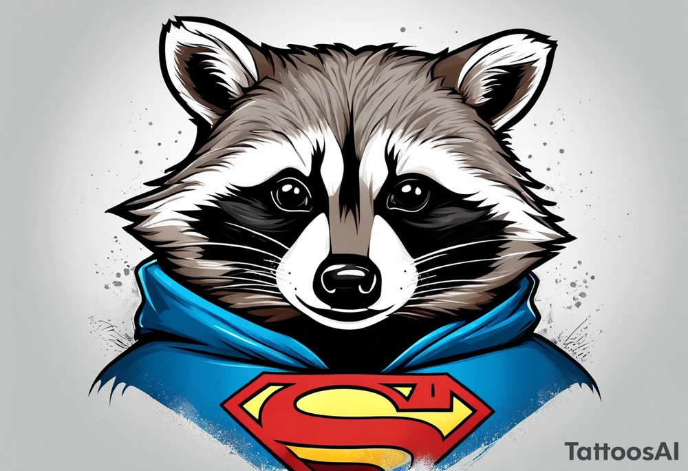 raccoon wearing a Superman hoodie tattoo idea