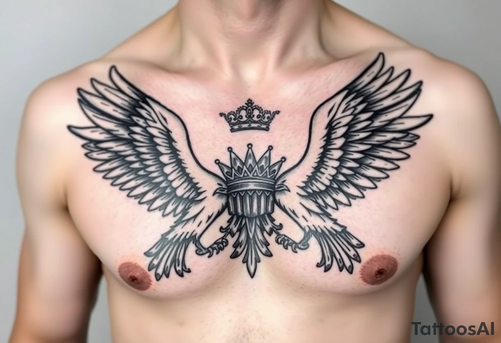 Chest tattoo,powerful two symetricalmajestic eagles, surrounded by lure ornaments , between eagles a crown tattoo idea