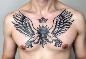 Chest tattoo,powerful two symetricalmajestic eagles, surrounded by lure ornaments , between eagles a crown tattoo idea