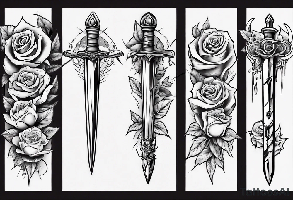 Dagger surrounded by roses tattoo idea