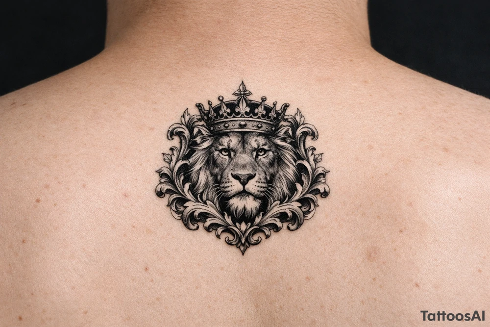 powerful majestic lion with a crown, framed by ornate floral scrollwork tattoo idea