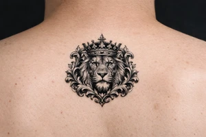 powerful majestic lion with a crown, framed by ornate floral scrollwork tattoo idea