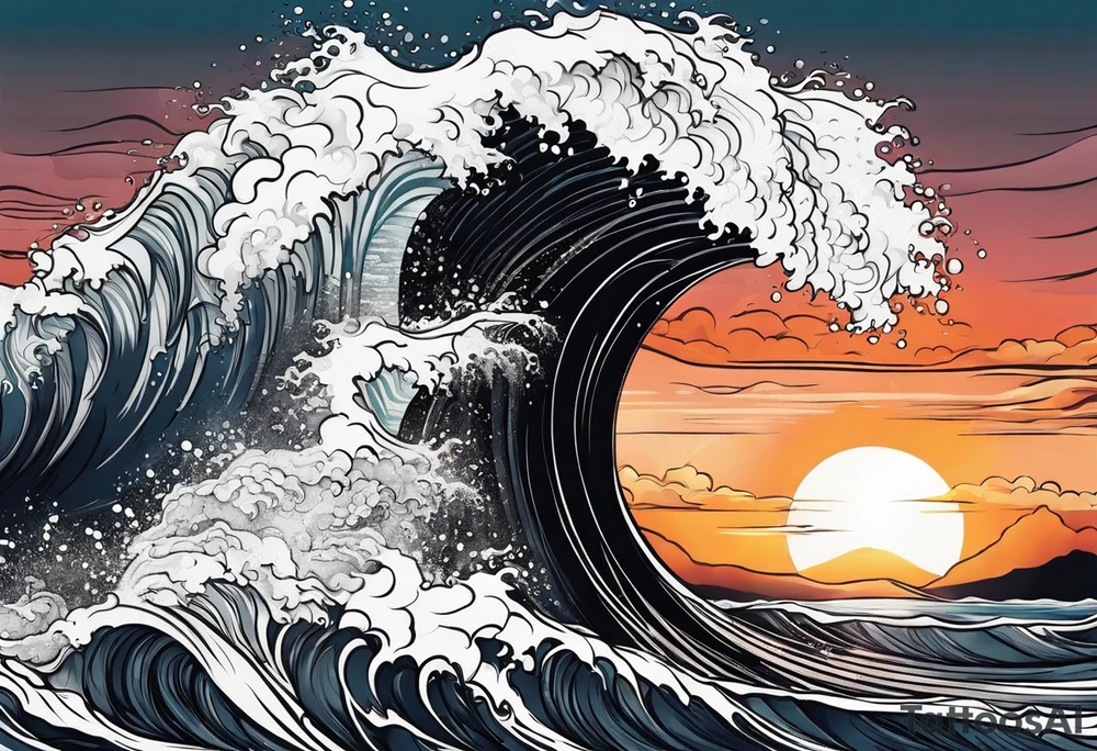 Ocean wave at sunset tattoo idea