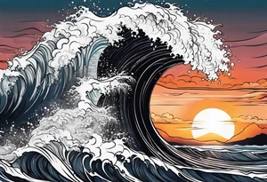 Ocean wave at sunset tattoo idea