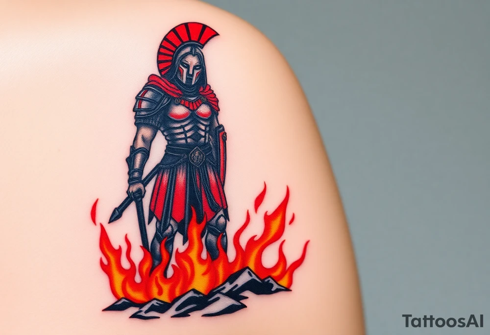 A battle-worn Ares in crimson and black armor, standing atop a battlefield engulfed in fiery orange and deep red flames tattoo idea