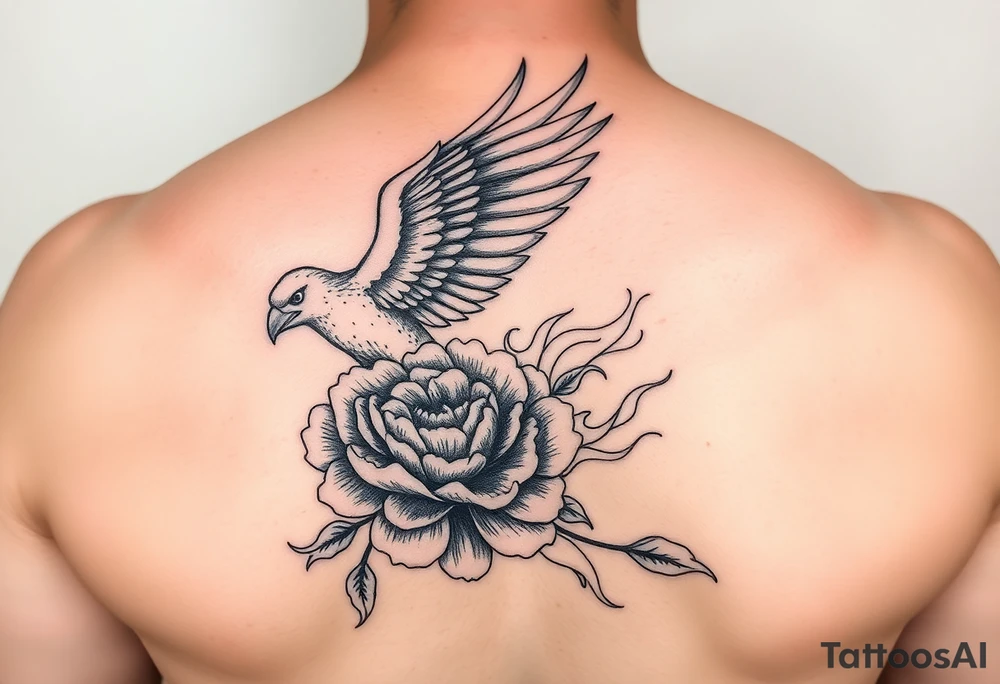 Pheonix flying  from a peony in flames realistic tattoo idea