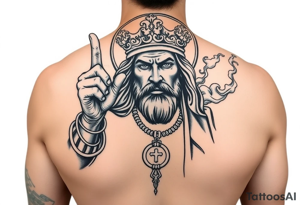 Saint Judas Mexican with his coin in hand and fingers in the air with smoke in the back ground… tattoo idea