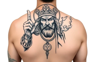 Saint Judas Mexican with his coin in hand and fingers in the air with smoke in the back ground… tattoo idea