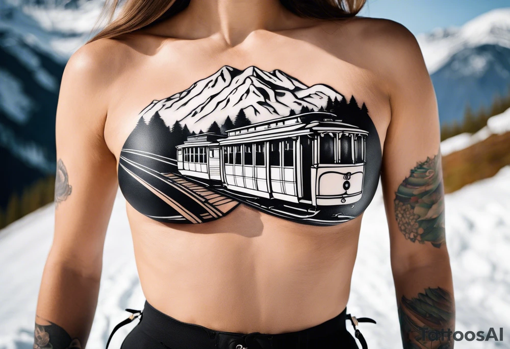 Create a large-scale tattoo design that starts at the lower back. The motif features a cable car ascending from a valley station into snowy mountains, leading to the top station. At the end of the cable car, it connects to a pair of ski goggles worn by a female head. In the lenses of the ski goggles, the snowy mountains should be reflected. Pay attention to realistic details of the mountains and the cable car, while the female head and ski goggles are stylized but clearly recognizable. The design should flow organically and extend upwards along the back. tattoo idea