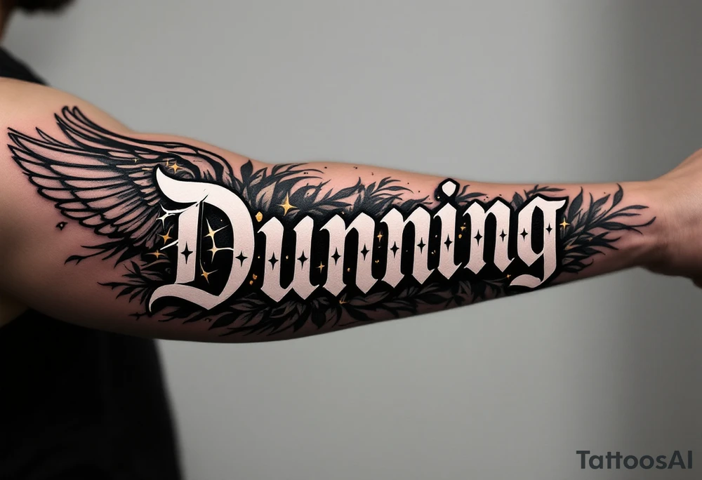 Dunning, Details include on left arm, name in white color,angel wing, rain drop jungles leaves,cool font, gold highlights tattoo idea