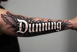 Dunning, Details include on left arm, name in white color,angel wing, rain drop jungles leaves,cool font, gold highlights tattoo idea