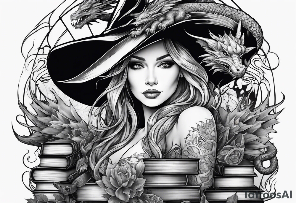 Witch surrounded by books and dragon tattoo idea Witch surrounded by books and dragon tattoo idea
