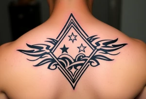 A sharp edged powerful wave with 2 stars inside of a elongated diamond tattoo idea