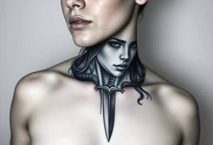 Feminine Tattoo dark female warrior with dagger and realistic horns just barley touching collarbone with a lot of shading tattoo idea