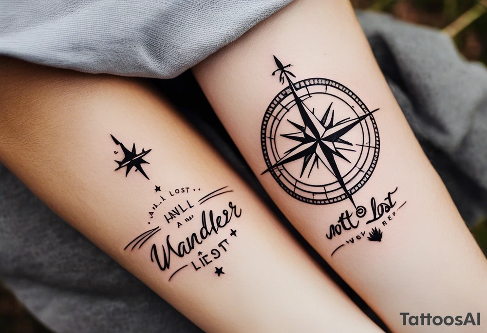 A half sleeve tattoo that features the quote **"Not all who wander are lost"** in elegant script on the outer forearm. Surrounding it are a compass rose and flowing elements like mountains, waves, and trees, symbolizing adventure and nature. Small travel icons like a plane and backpack are interspersed, enhancing the theme of exploration. The design uses a dynamic look that wraps naturally around your forearm. tattoo idea