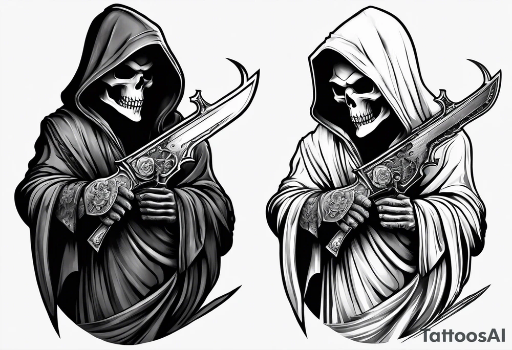 grim reaper with sword and pistol tattoo idea