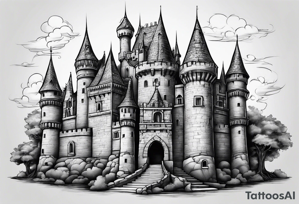 A Castle that has legs and arms on the walls tattoo idea