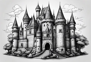 A Castle that has legs and arms on the walls tattoo idea