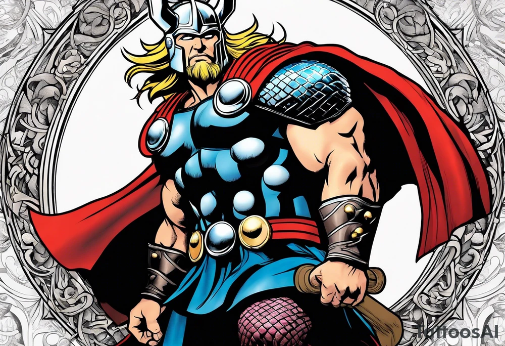 The Mighty Thor from comics in the 70's with a vignette in the background tattoo idea