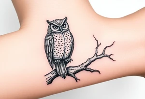 wise owl perched on ancient oak branch under starlit sky tattoo idea