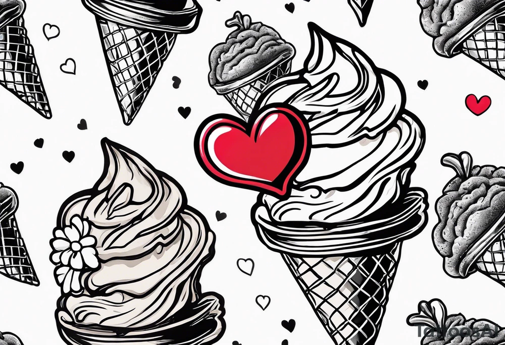 sketch chocolate chip ice cream cone with one red heart tattoo idea