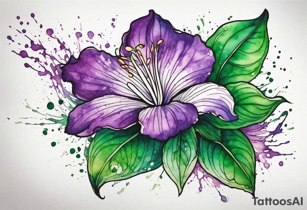 An outline of an only green rio dipladenia flower and a green and purple watercolor splash in the background tattoo idea