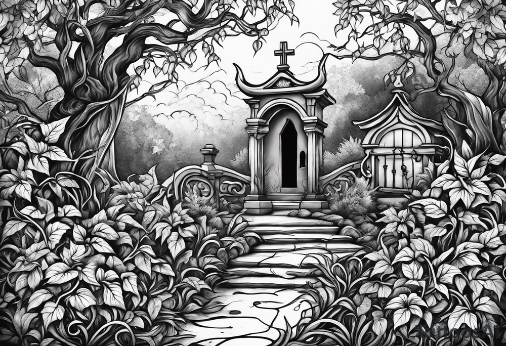 Leafy vines with grave yard tattoo idea