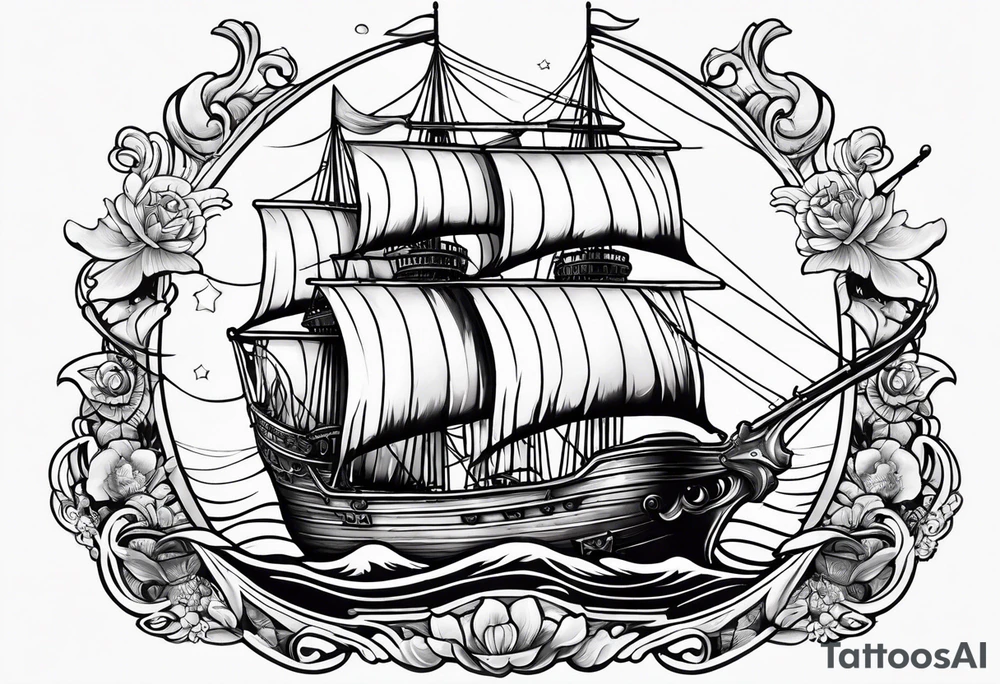 mermaid with galleon ship tattoo idea