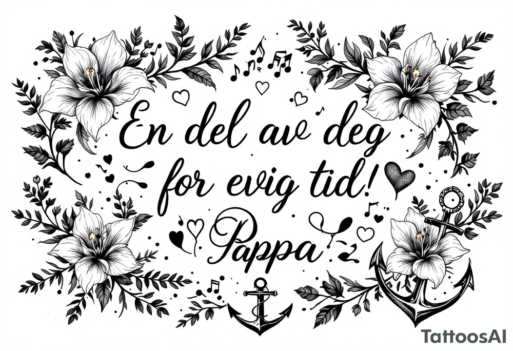 Quote in two rows; En del av deg for evig tid! Pappa, 20.12.24. Surround the quote with gladioluses, hearts, music notes and an anchor. Makes the tattoo small tattoo idea