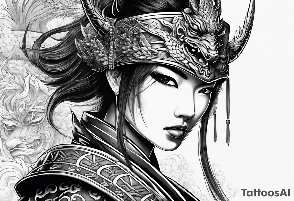 female warrior in samurai clothing half covering her face with a mask and twin dragons tattoo idea