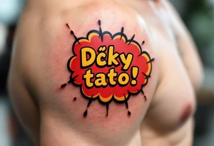 A comic-book style “Díky tato!” bubble in red and yellow with “Díky tati!” inside. tattoo idea