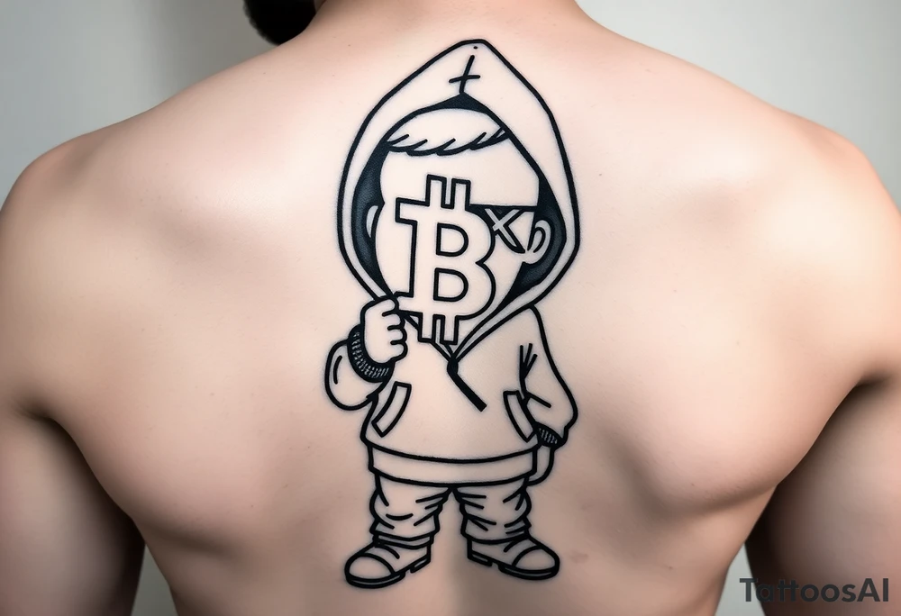 Create a custom tattoo stencil Use a street-art / pop-art vibe with a cartoon figure holding a bitcoin to cover his eyes have bold lines, “x” for eyes. make them have on a hoodie and jogger sweatpants tattoo idea