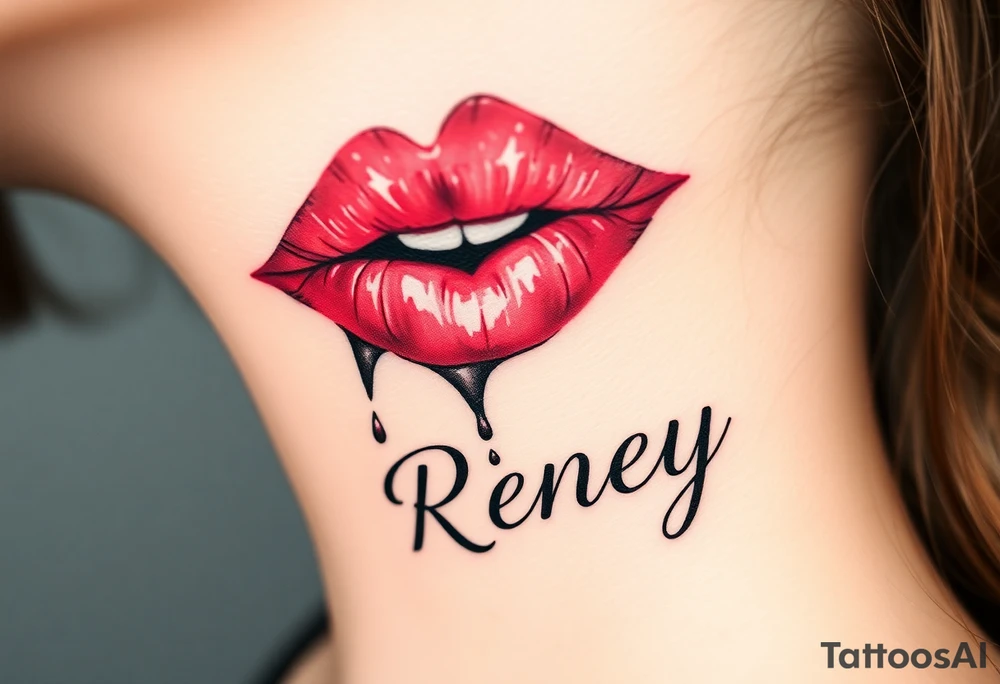 Seductive Stain from lipstick kiss with name Reney lowercase with drool tattoo idea