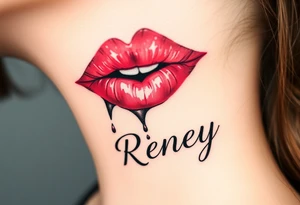 Seductive Stain from lipstick kiss with name Reney lowercase with drool tattoo idea