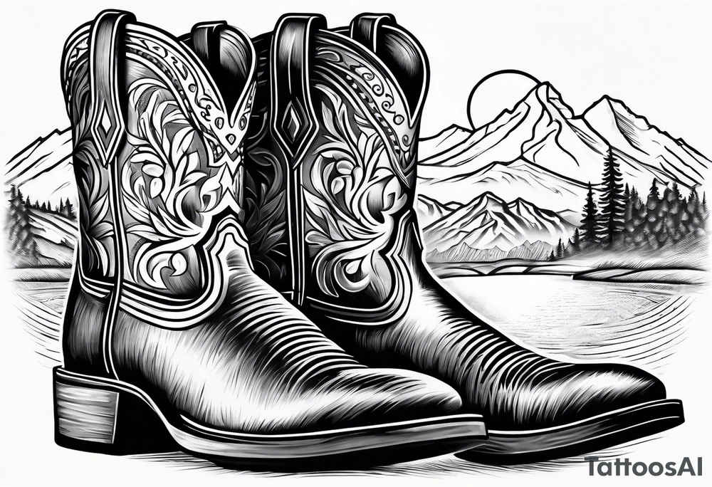 cowboy boot and mountains and a golden retriever tattoo idea
