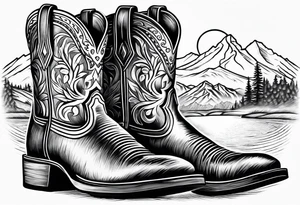 cowboy boot and mountains and a golden retriever tattoo idea