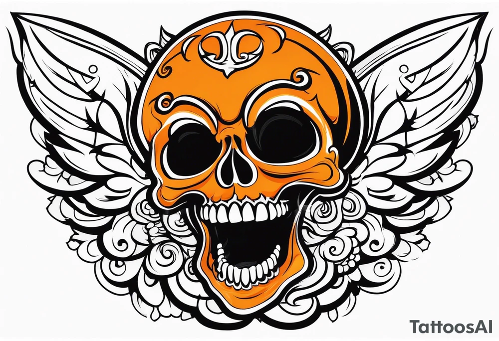 Angel skull laughing black and orange tattoo idea