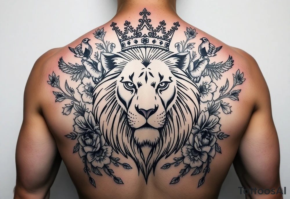 powerful majestic lion with a crown, surrounded by floral ornaments and birds tattoo idea