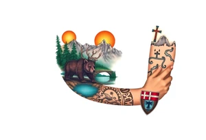 A full-sleeve with the Härjedalen landscape, reindeer, bear, lakes, mountains (Helags), cross and Härjedalen's coat of arms on the hand tattoo idea